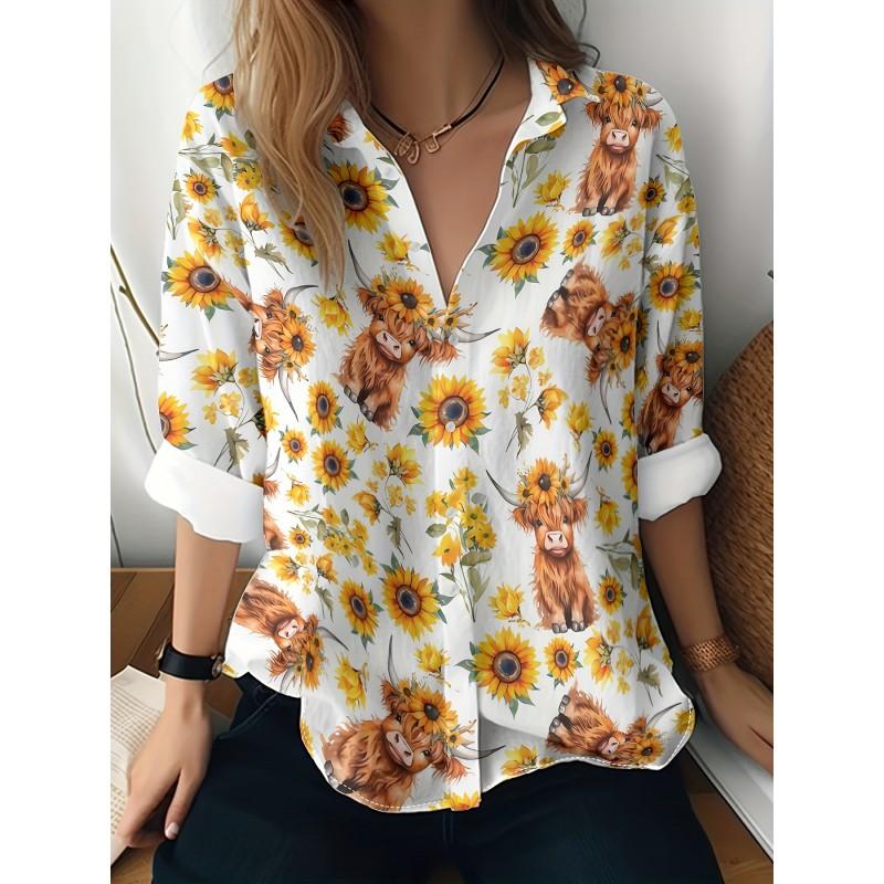 Womens Loose Fit Long Sleeve Cotton Linen Shirt With 3D Floral Print Casual Blouse 2025