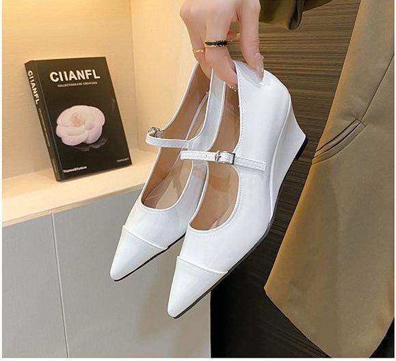 Новая дизайнерская обувь серебристого цвета с острым носком на высоком каблуке-клине туфли-лодочки Мэри Джейн с ремешком формальная обувь обувь для подиума 35 5939₽