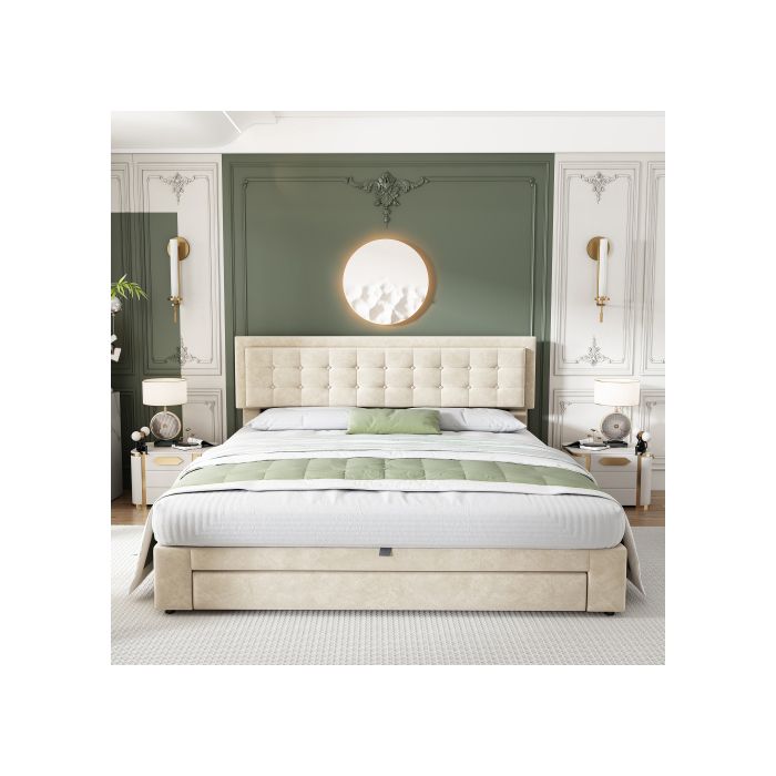 Lit avec coffre et tiroirs - MUVOE - 180 x 200 cm - Tissu velours - Beige - Design contemporain