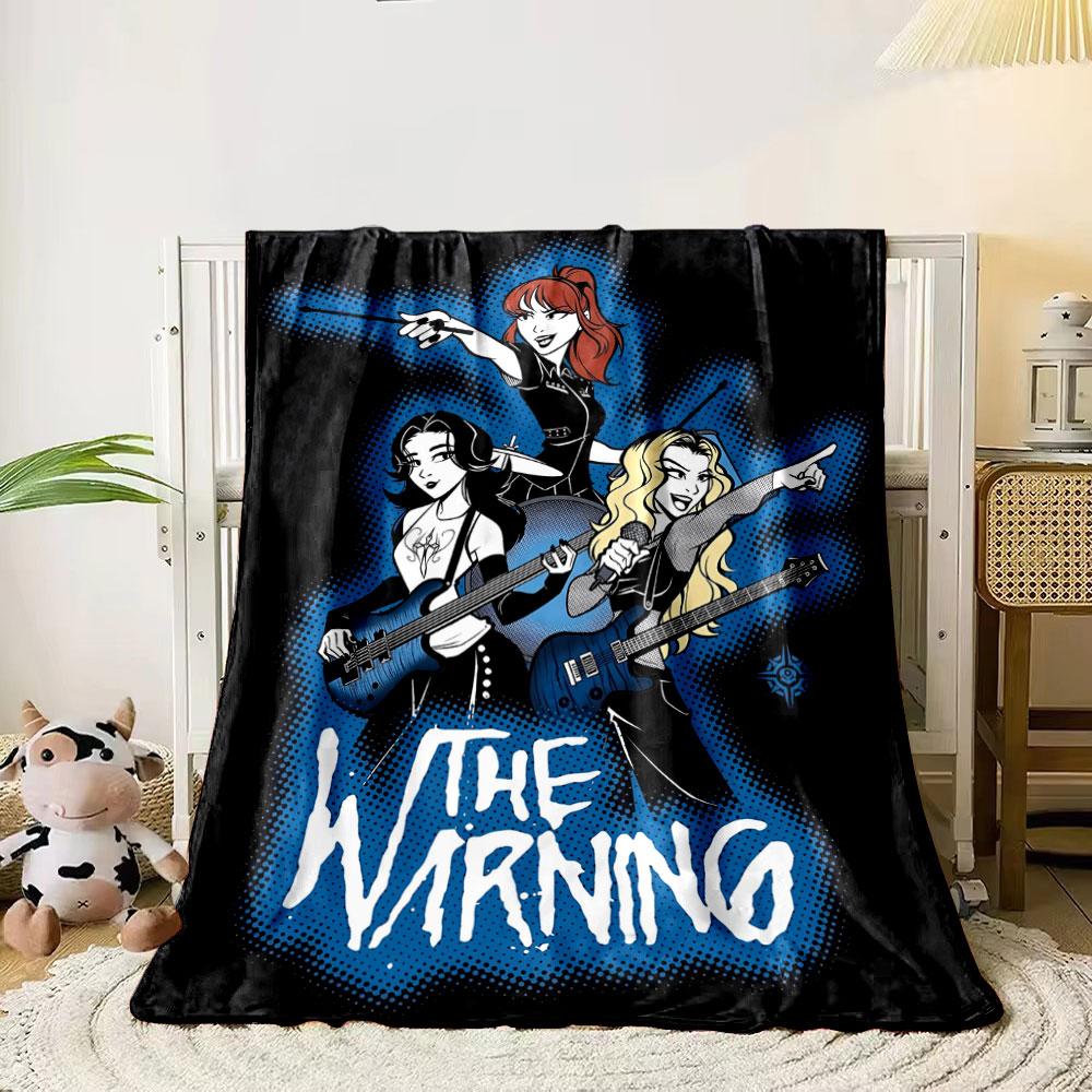

Illustrated rock band figures with instruments and The Warning text in blue. for all seasons blanket lunch break throw gift 80cm x 120cm