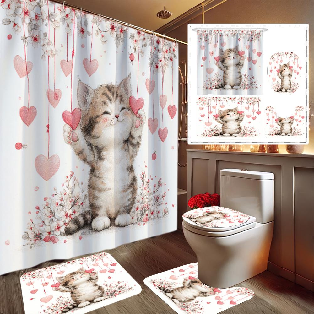 4Pcs Cute Cat And Heart Shower Curtain Set with Non-Slip Bath Mat, Toilet Lid Cover, Contour Rug & 12 Hooks, Bathroom Decor