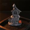 Dark Haunted House Figurine Halloween Ornament, Resin Miniature, Shape Old Stone Texture Decor with Skull Elements Desktop Decoration for Micro