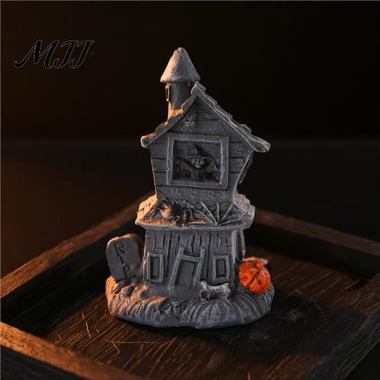 Dark Haunted House Figurine Halloween Ornament, Resin Miniature, Shape Old Stone Texture Decor with Skull Elements Desktop Decoration for Micro