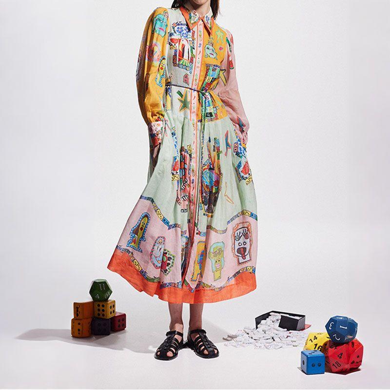 Lace up Printed Dress New Arrival Female Fashion Retro Lantern Sleeve Lace Printing Long Sleeves Dress