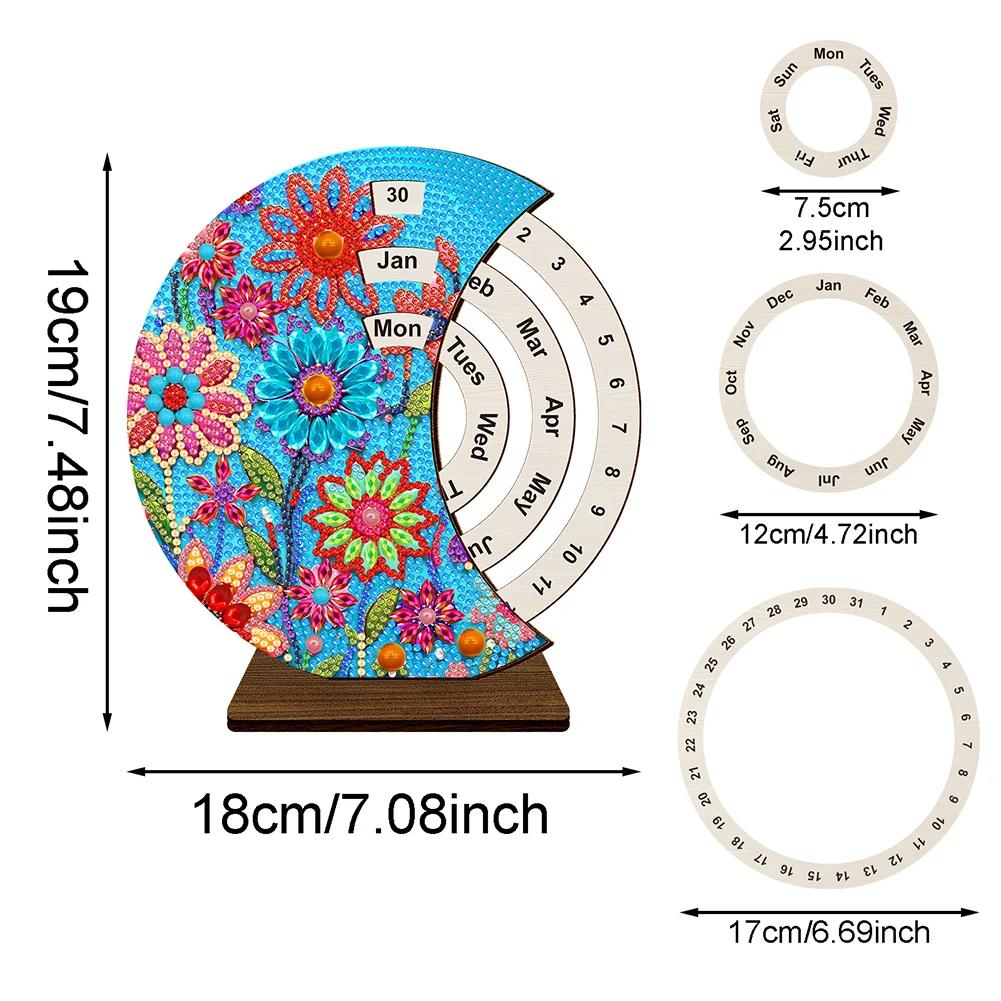 Wooden Special Shaped Colorful Pattern Diamond Art Desktop Perpetual Calendar Diamond Painting Dial Moon Calendar for Beginners