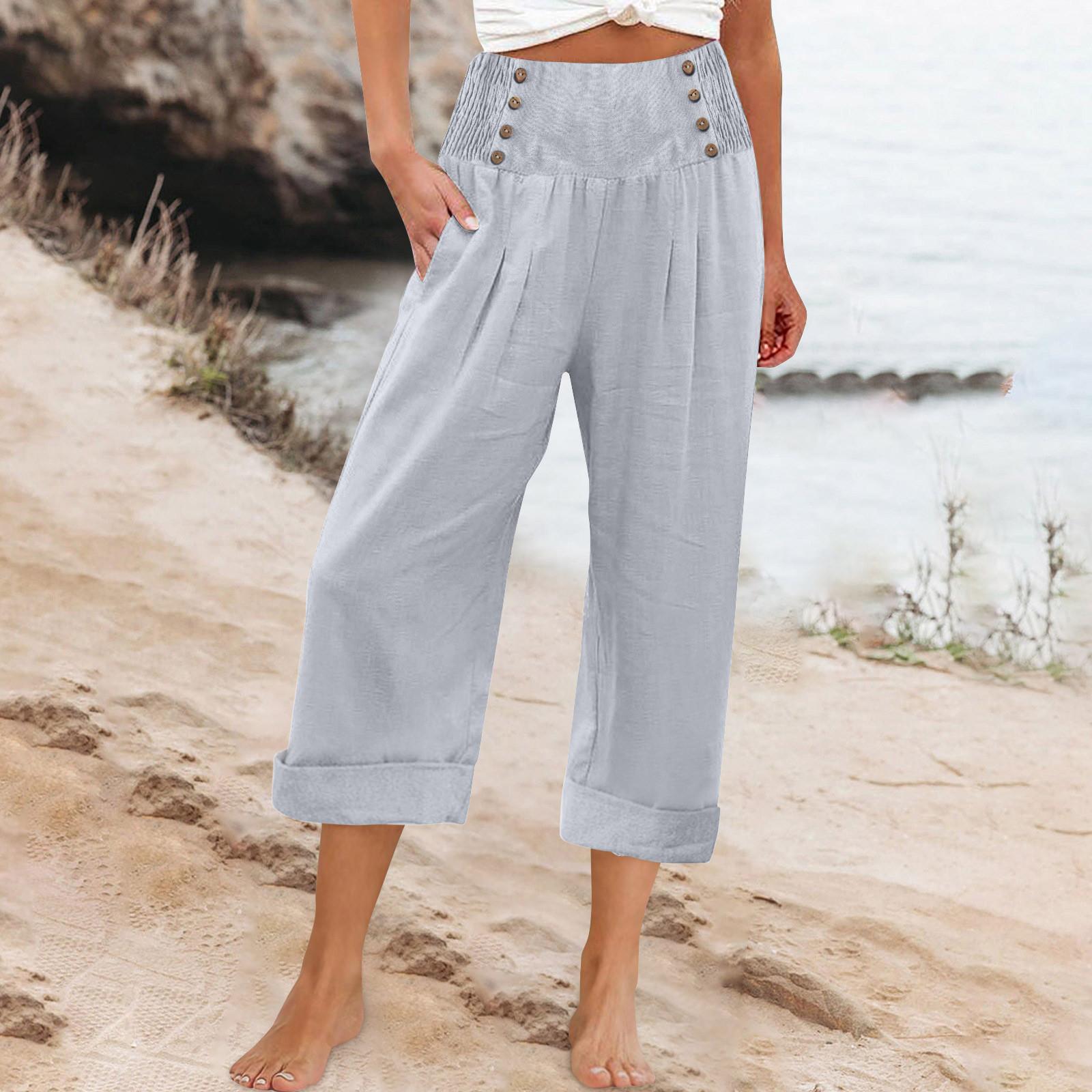 

Брюки для женщин, широкие брюки для йоги с карманами и пуговицами, повседневные укороченные брюки с высокой талией, свободные мягкие пижамные спортивные штаны XL светло-серый