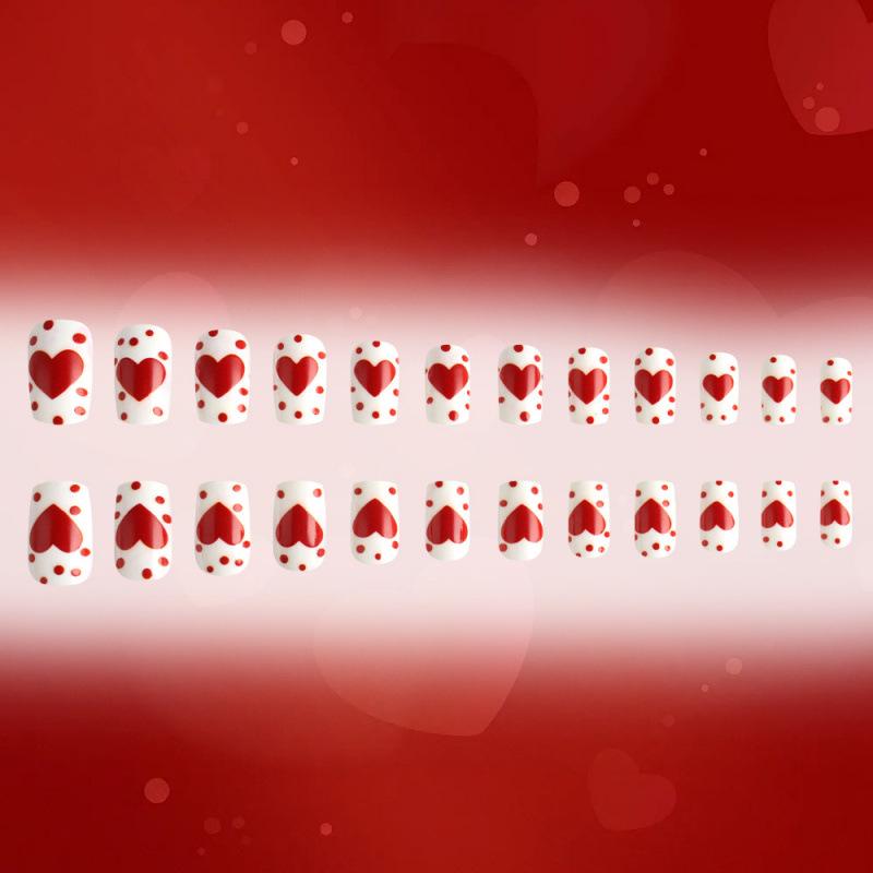 Valentine's Red Heart Glossy Medium Square Detachable False Nails Set (24 pcs) – Wearable Festival Nail Art