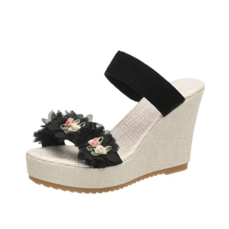 

Мода 2024 года, хит продаж, летняя женская обувь, модные женские тапочки с открытым носком большого размера, украшенные цветами, на очень высоком каблуке 42 чёрный