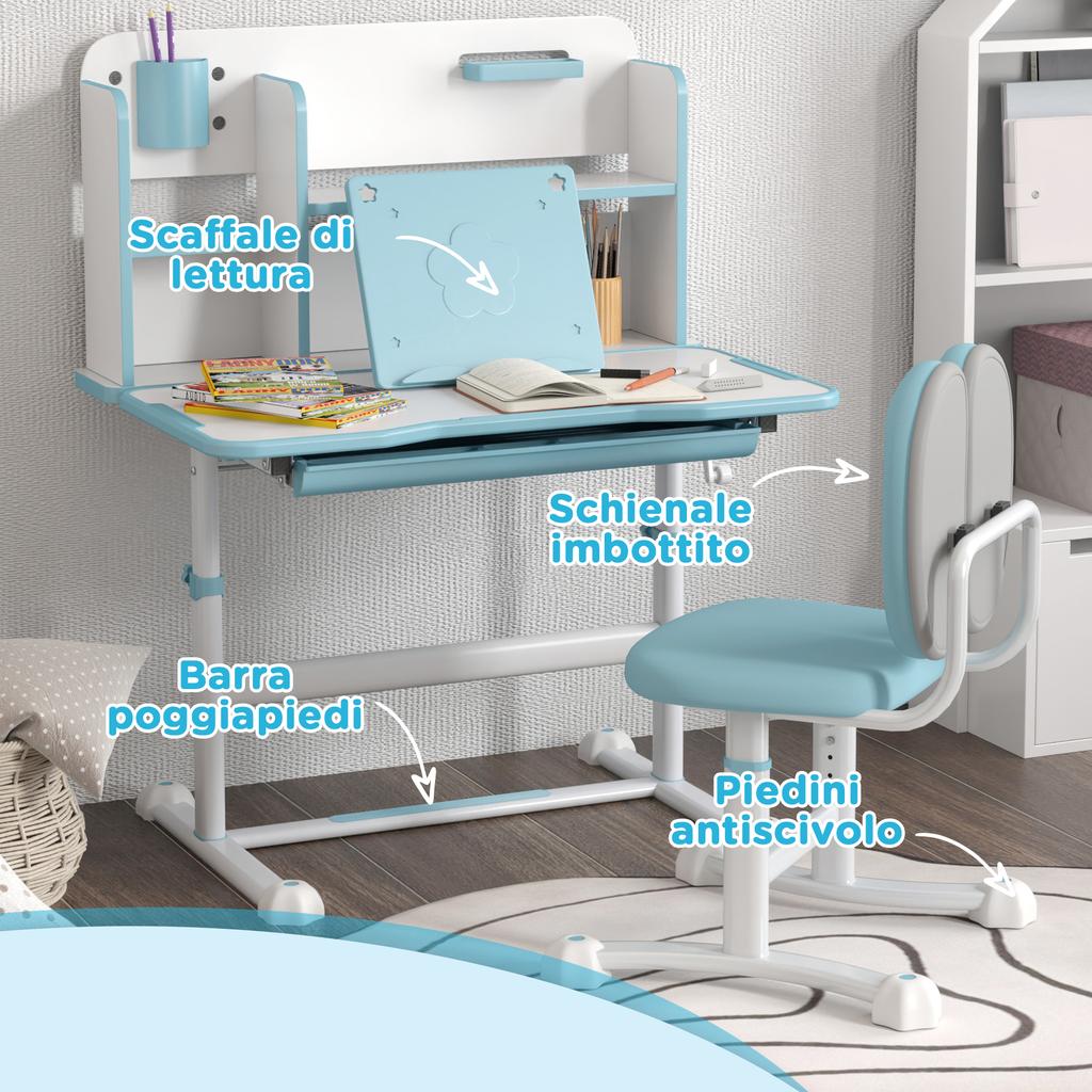 Verstellbares Schreibtisch- und Stuhlset für Kinder, Schreibtisch mit kippbarer Platte, Schublade, Regal, Blau