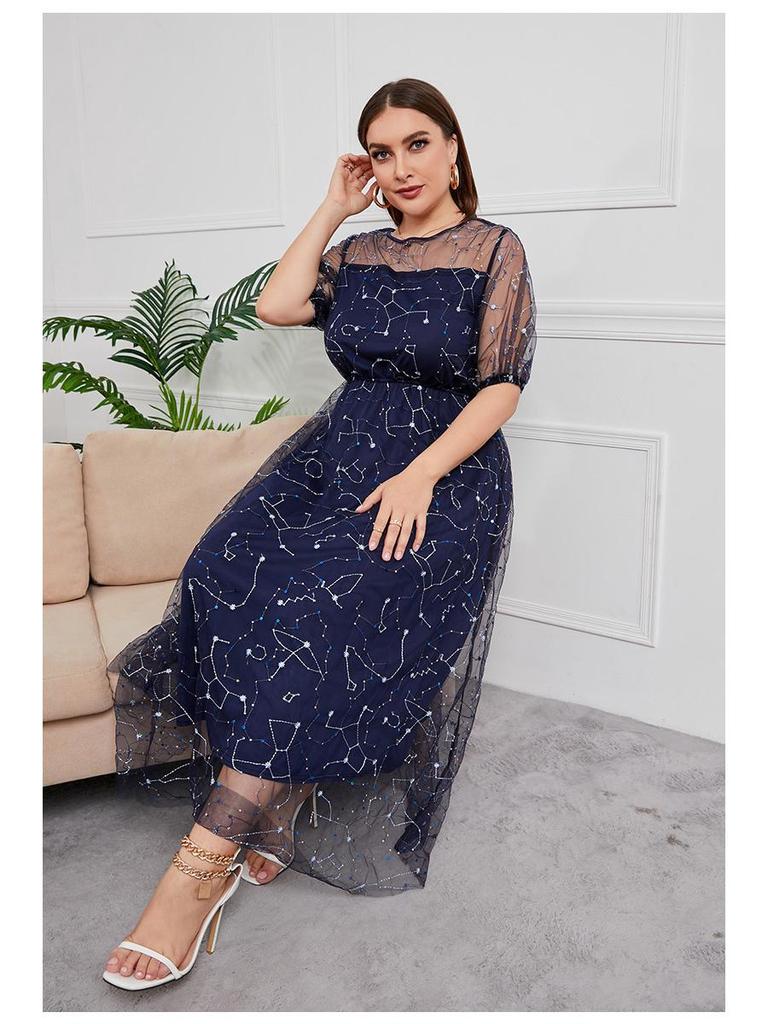 Hepburn Style Plus Size Evening Gown: Women's Mesh Embroidery Banquet Party Dress