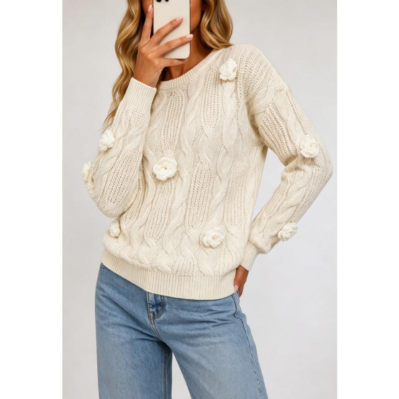 Women S Long Sleeve Pullover Sweater With 3d Rose Crochet Embroidery