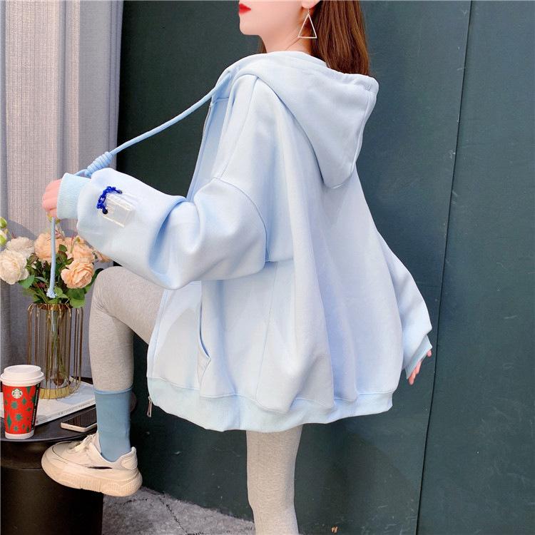 Solid Color Sweatshirt Cardigan Women's Thin Autumn Loose Sweatshirt Jacket Fashionable Long Sleeved Hooded Sweatshirt