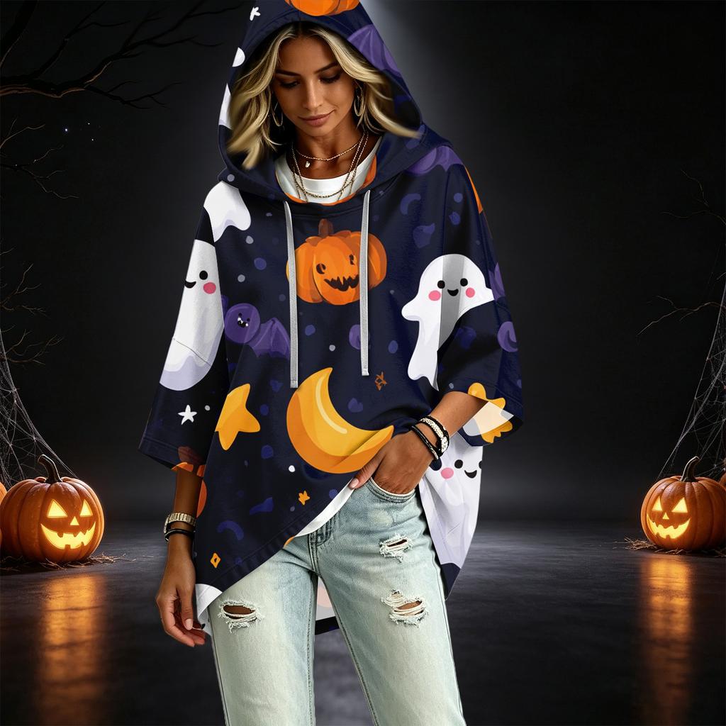 Women's Halloween Printed Hoodie 3/4 Sleeve Pullover Casual Tunic for Party