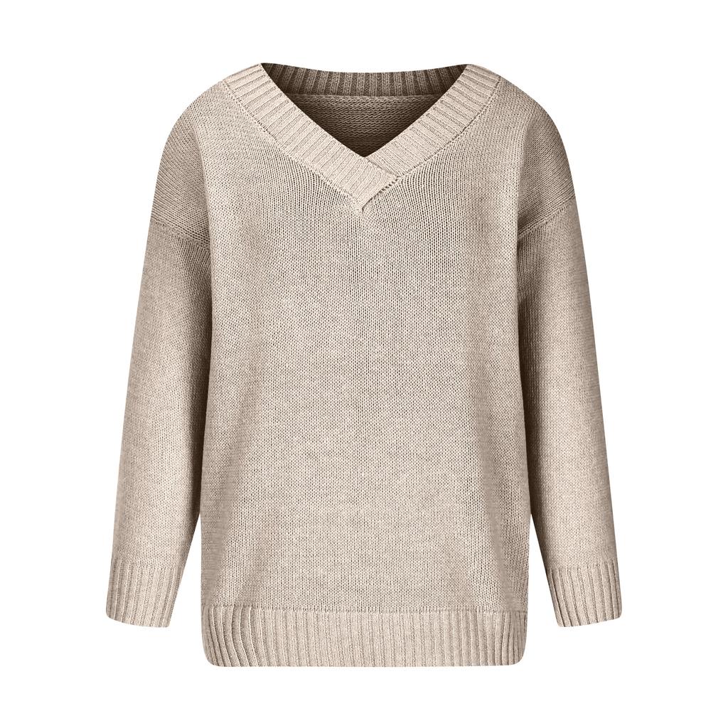 Women's Fashion Casual Solid Color Sweater Set Head V Neck Warm Long-sleeved Sweater