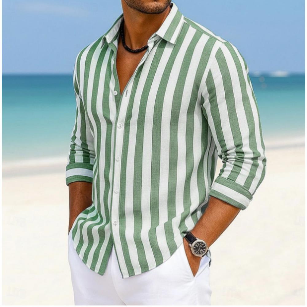Men's Striped Pattern Printed Long Sleeve Shirts Casual Cardigan New Button Holiday Fashion Shirts