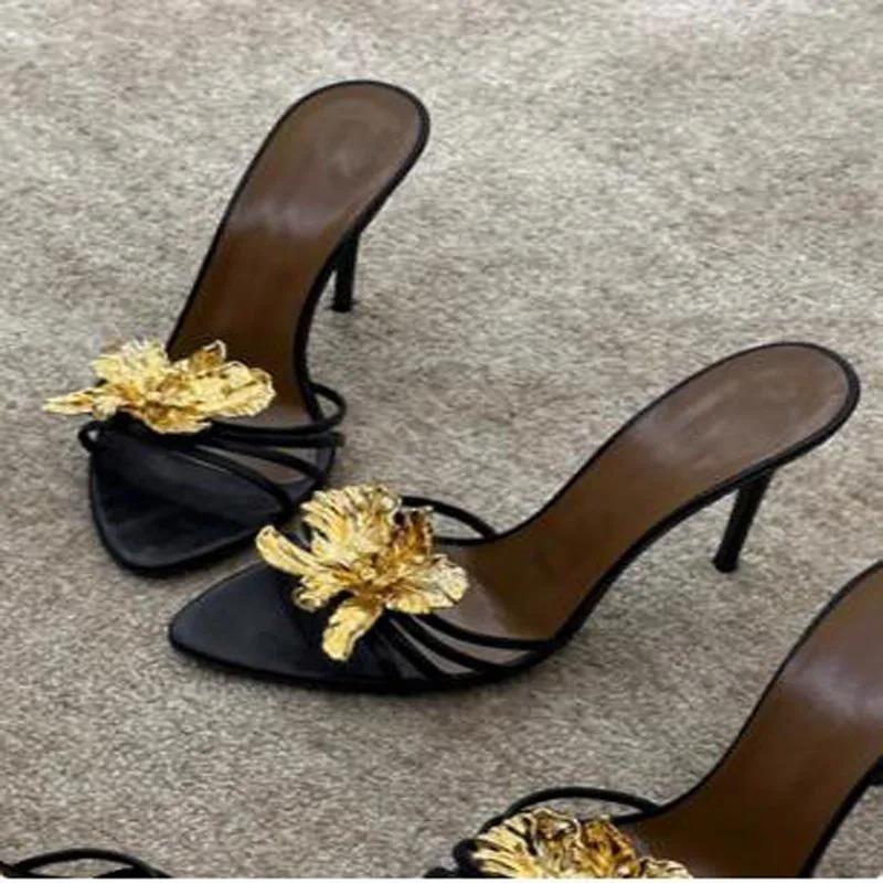 2025 Women Black Gold Genuine Leather Gold Metal Flower Open Toe Shallow Slip On  Stiletto Heel Slide Slippers Sandals