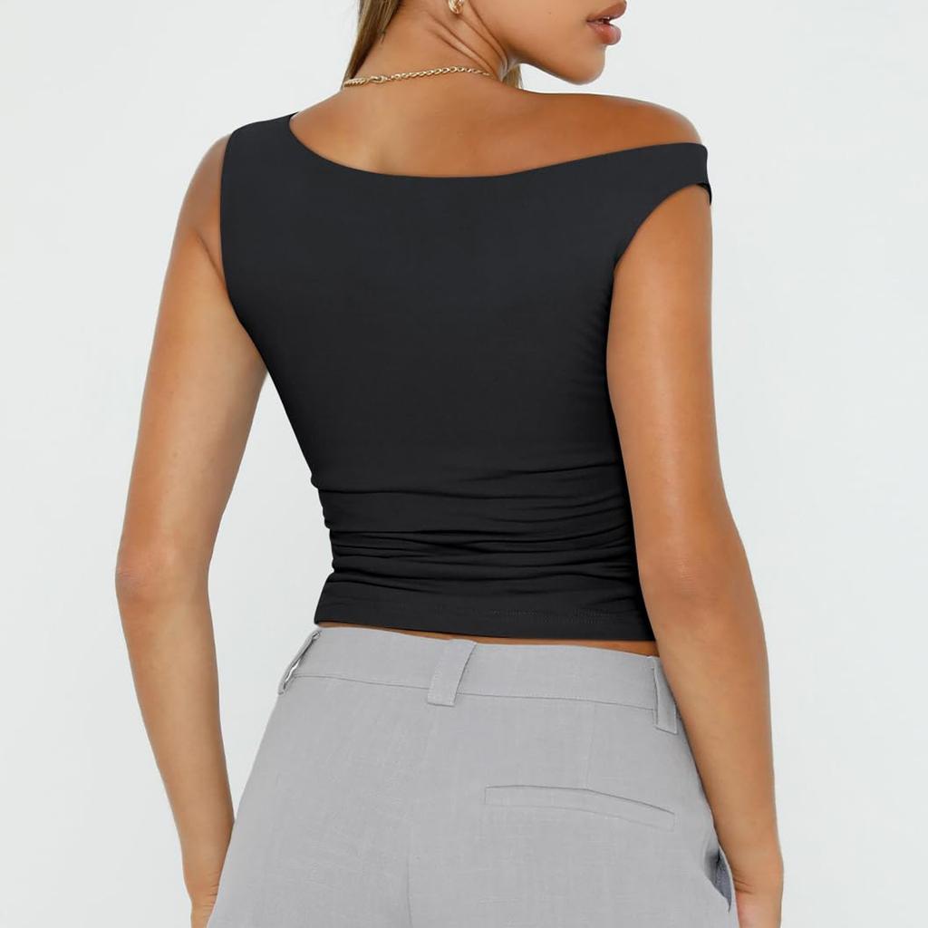 Dámské od ramene Bez rukávů Pevné Sexy Roztomilé tričko Slim Fit Upnuté tričko Crop-Top tílko