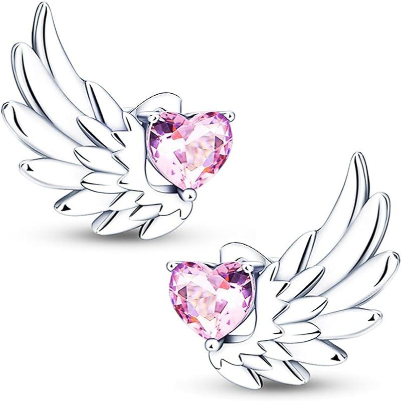 Fashion Luxurious Asymmetrical Wing With Heart-Inlaid Stud Earrings For Women Jewelry Accessries Gift
