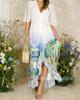 Europe And The United States Popular V-Neck Sexy Belt Waist Watercolor Chiffon Medium And Long Dress