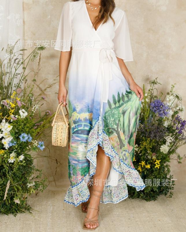 Europe And The United States Popular V-Neck Sexy Belt Waist Watercolor Chiffon Medium And Long Dress