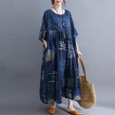 Short Sleeve Plus Size Cotton Vintage Women Casual Loose Long Summer Dresses