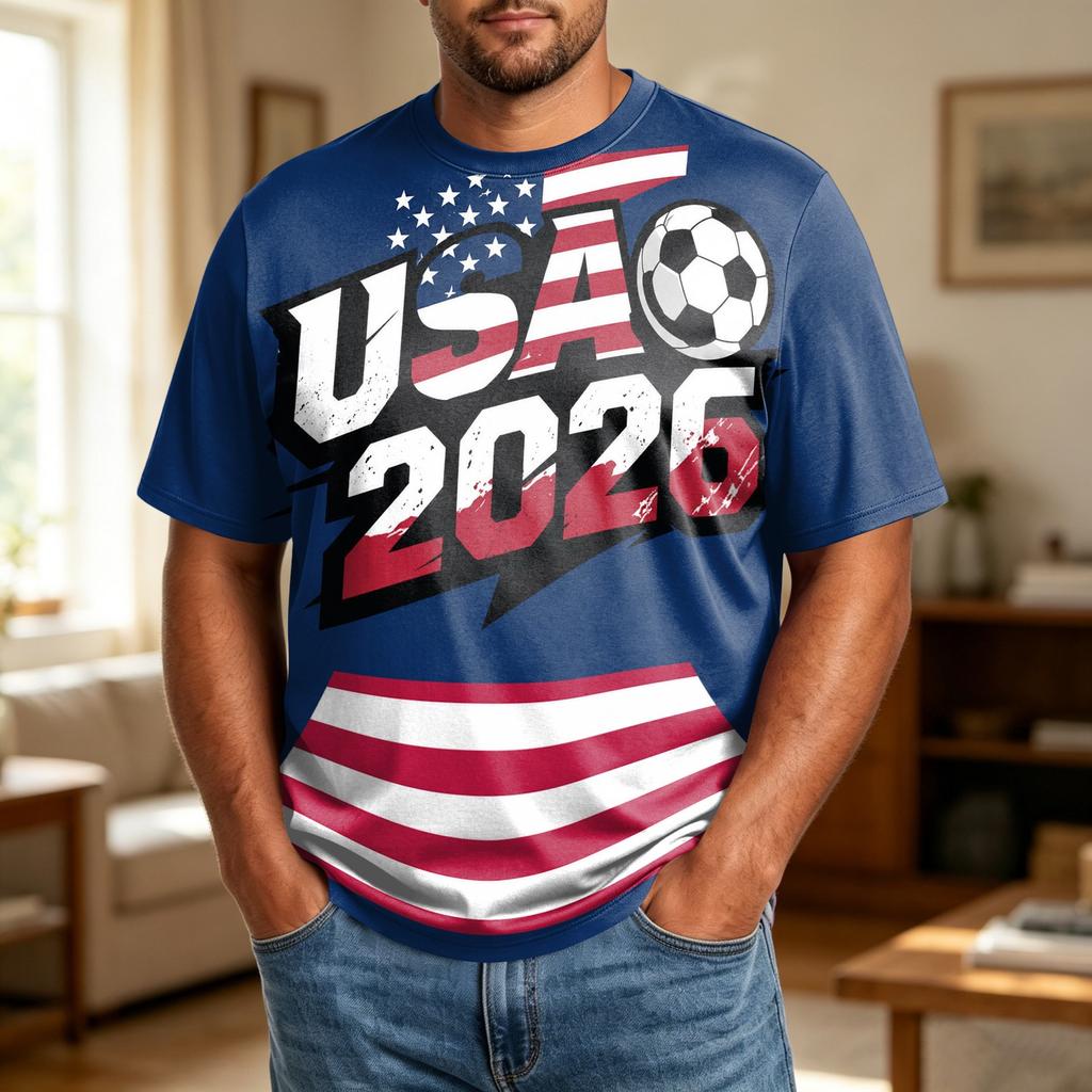 Men’s World Football Themed Plus Size Comfortable Breathable Casual Loose Fit T-Shirt with Printed Graphic Design for Sports Events