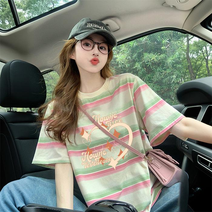 Women Striped Short Sleeve T Shirt Summer Contrast Color Round Neck Loose Mid Length Casual Sweet Slim Tee Tops