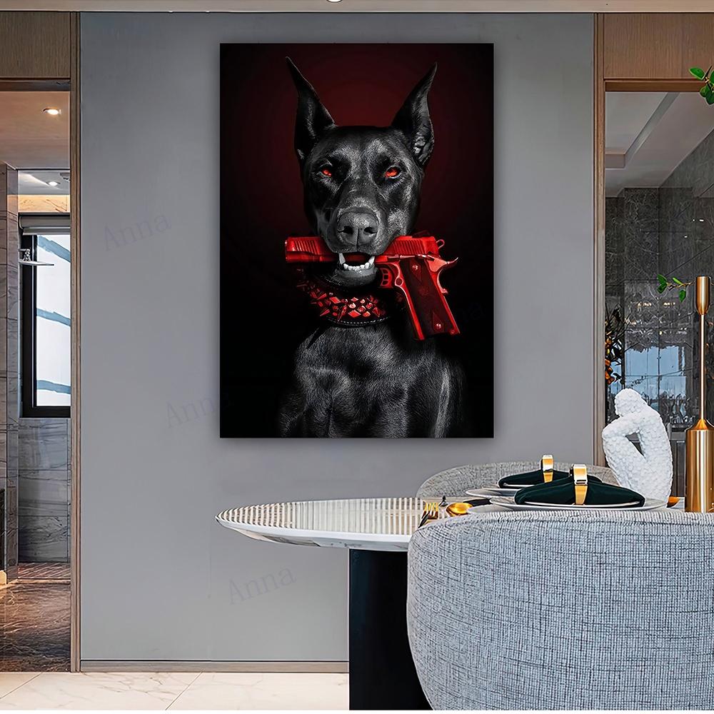 Poster Moda Doberman Pinscher Cane con Stampa Pistola Rossa Arte da Parete Motivazionale Successo Pittura su Tela Arte da Parete per Ufficio Pittura