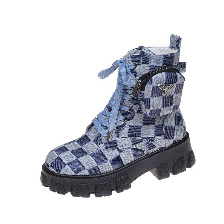 

2024 новые осенне-зимние персонализированные ковбойские сапоги в тонкую клетку средней толщины с толстой подошвой, усиливающей боковую молнию, женские ботинки Martin 43