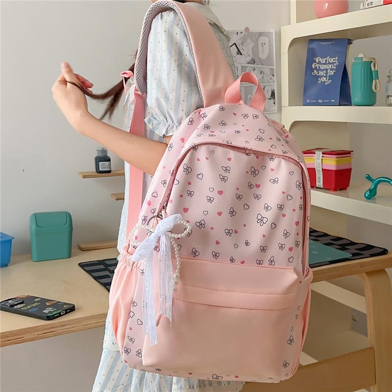 Cute Heart and Bow Print School Backpack with Front Pocket Top Handle Casual Daypack for Girls Students