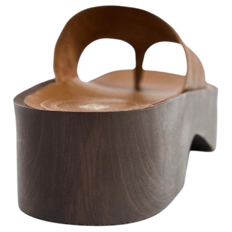 Zara Goat Leather Slip-On Open-Toe Soft Leather Thick-Soled High Heels Anti-Friction Flip-Flops Women Footwear Brown 2631510105