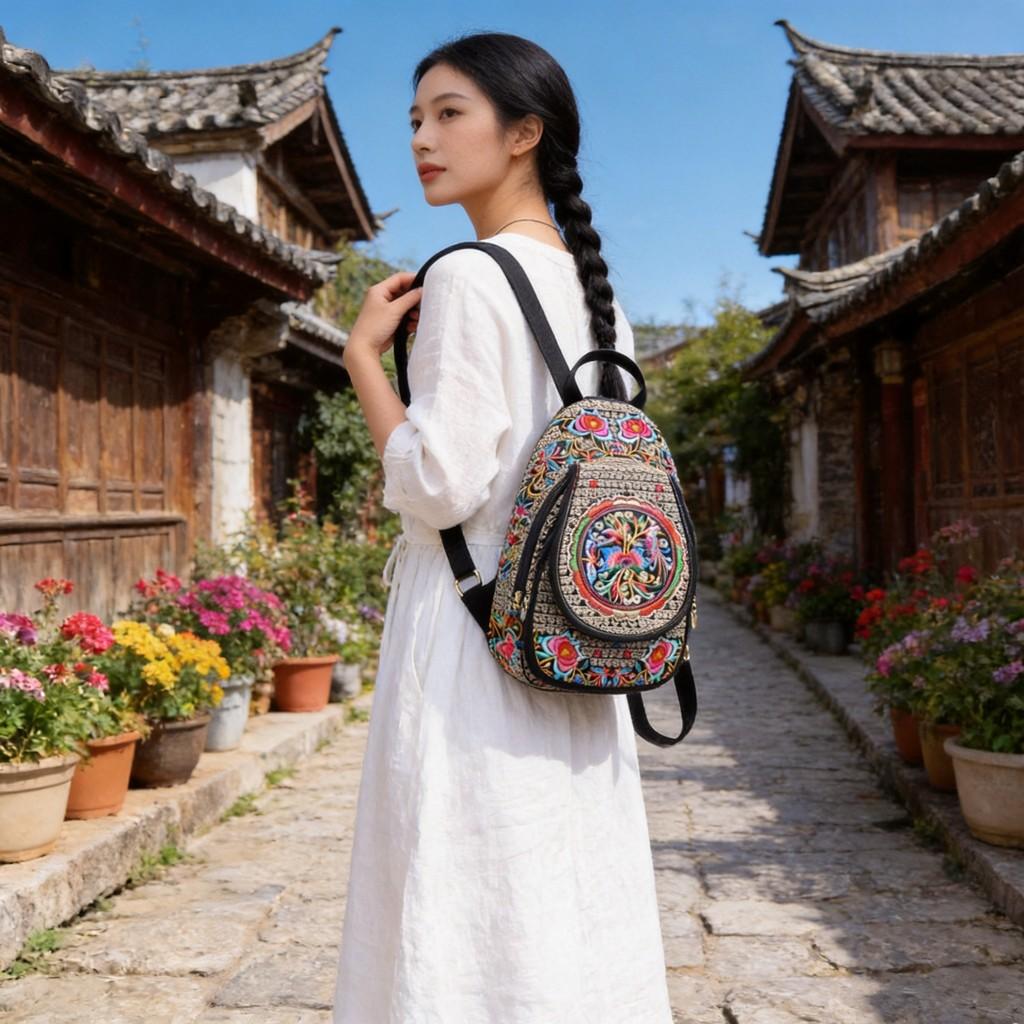 Canvas Vintage Embroidered Backpack With Floral Pattern For Casual Travel And Girls
