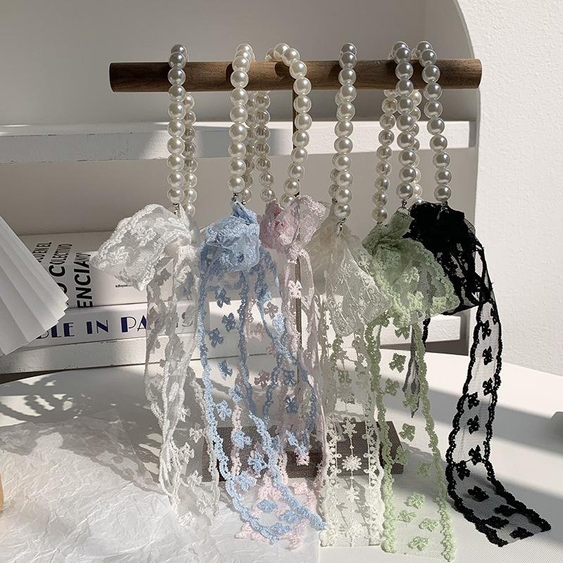 Collarbone Chain Versatile Spring and Autumn Fashion Neck Care Silk Scarf Headband Pearl Necklace Tie Hair Band Lace Streamer