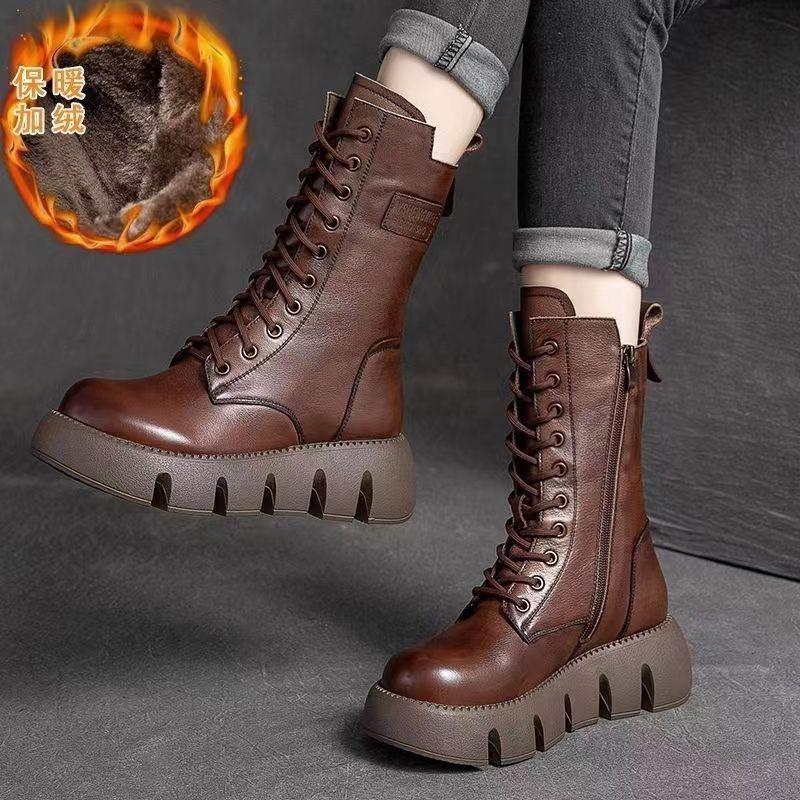 Fashion Chunky Platform Punk Boots for Women Thick Bottom Knee High Boots Woman Autumn Winter Fashion PU Leather Motorcycle Botas Mujer