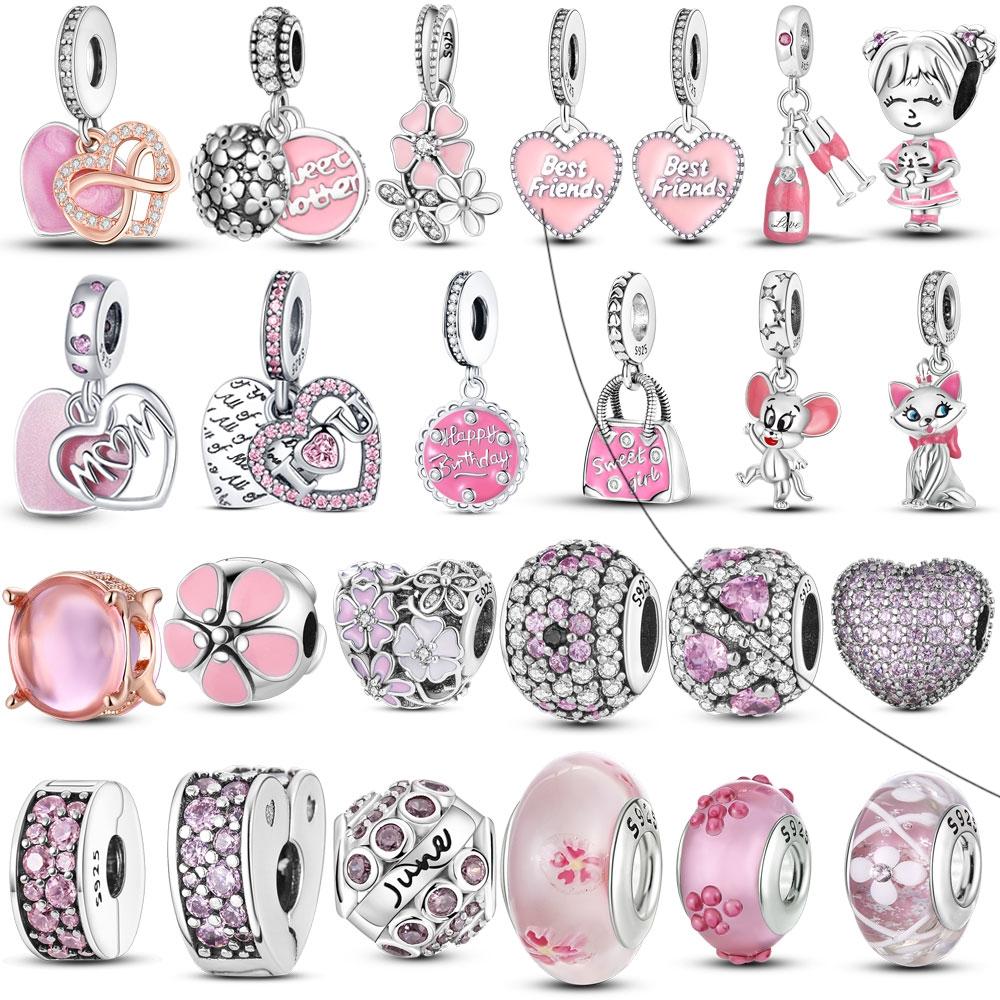 Pink Series Copper Infinity Love Mum Heart To Heart Dangle Beads Original Accessories Charm Bracelets Women Jewelry