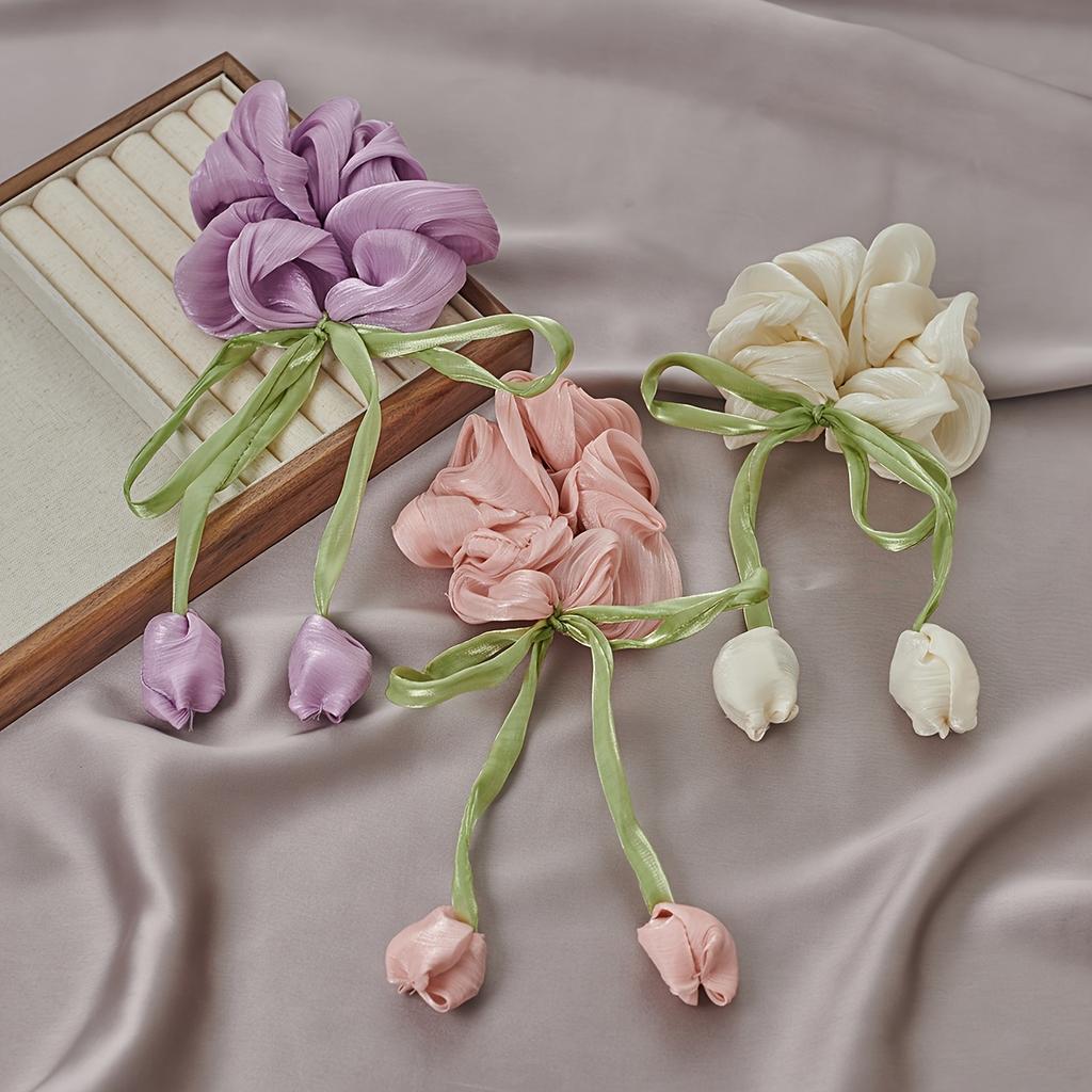 3pcs Sweet Girl Wind Mesh Strap Tulip Large Intestine Hair Hoop Handmade Butterfly Knot  Rope Tie Ponytail Knot Hair Tie