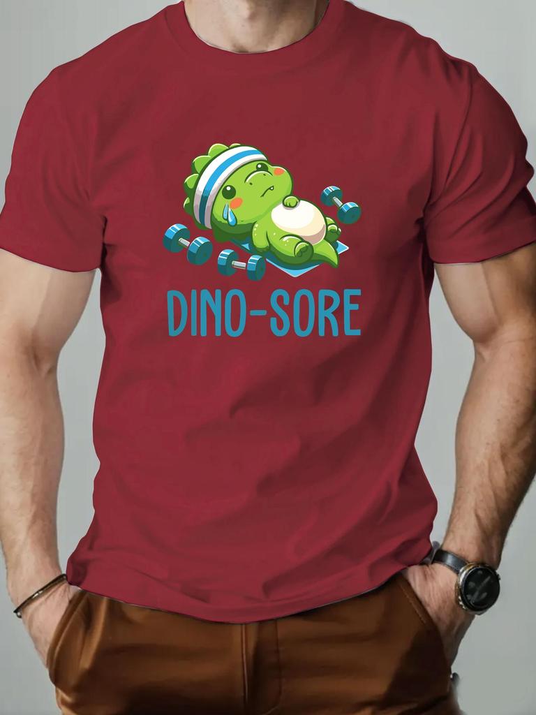 Men's Short Sleeve T-Shirt Cute Dino Sore Cartoon Dinosaur Fitness Graphic Print Weightlifting Theme Casual Streetwear Top