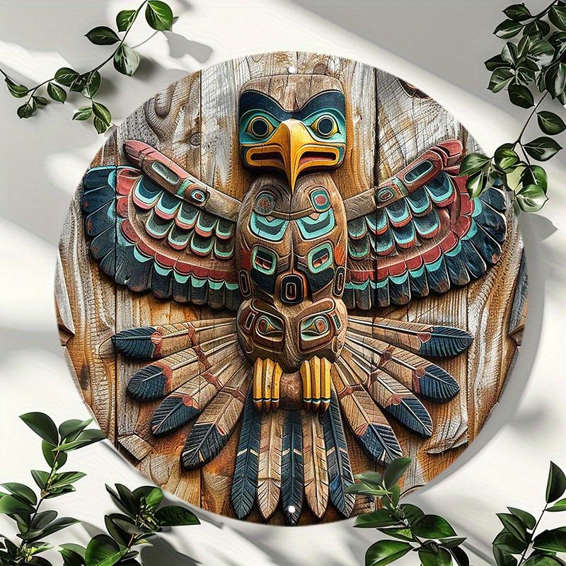 D Flat Native American Thunderbird Totem Round Tin Sign Pacific Northwest Indigenous Art Metal Wall Decor for Cabin Lodge S 20x20cm(8x8inch)
