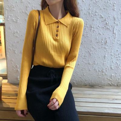 Women's Spring & Autumn Long-Sleeve Button-Detailed Short Knit Top - Polo Collar, Soft Style, Suitable for Inner Wear or Outer Wear
