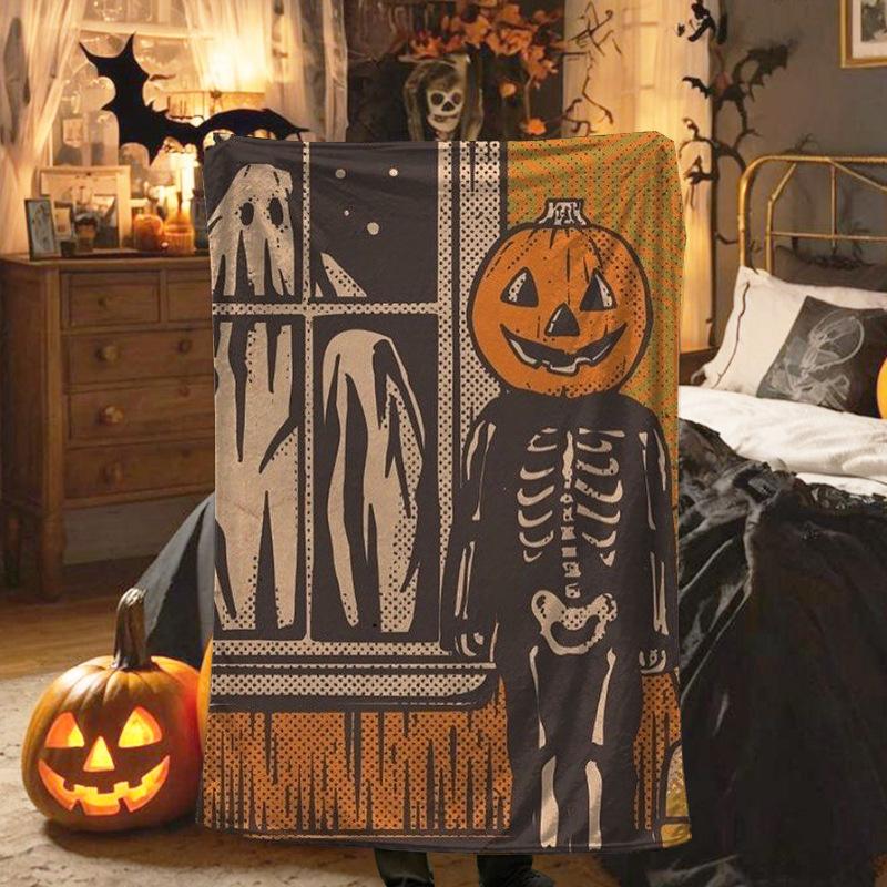 Halloween pumpkin figure digital-printed polyester Bedroom velvet flannel cover blanket Fleece soft sofa cover blankets for beds