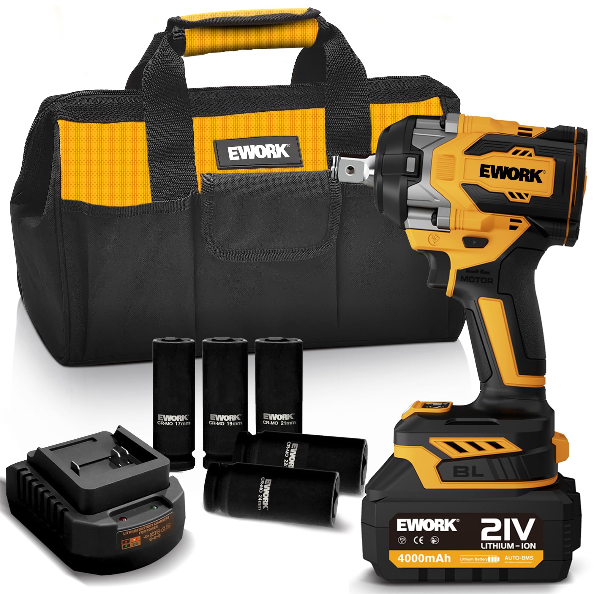 

Аккумуляторный ударный гайковерт EWORK21V Бесщеточный Компактный Макс Высокий Крутящий Момент Электрический Ударный Гайковерт Быстрый 5 Сумка для Инструментов - 700 Н·м 4.0 А·ч Литий-ионный, Зарядное устройство,