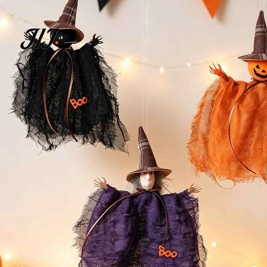 Cute Spooky Style Room Decorations Halloween Witch Doll Ornaments, Cat Pumpkin Playful Holiday Themed Hanging Dolls Decoration for Tree, Home