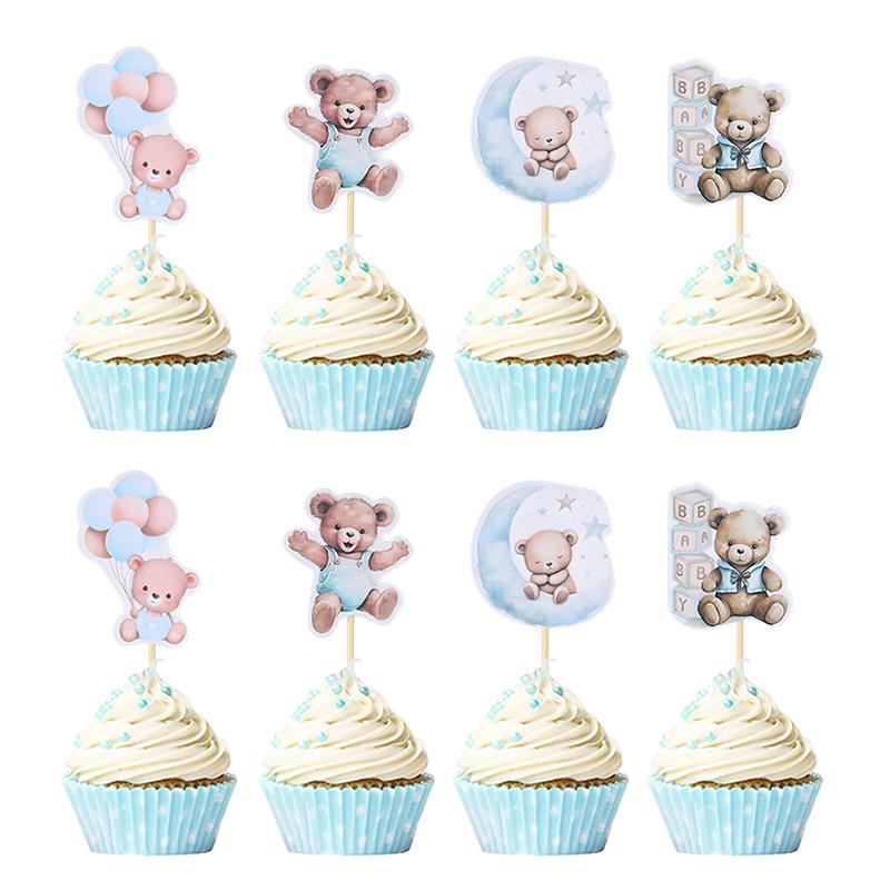 12pcs Baby Bear Cupcake Toppers for Kids Boy Girl 1st Birthday Party Decoration Blue Pink Baby Shower Favors Cake Dessert Picks