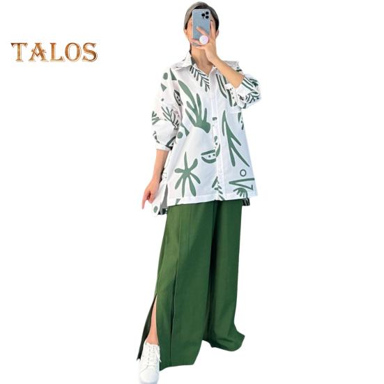 2 Pcs/Set Women Shirt Pants Set Long Sleeves Printed Lapel Collar Chest Pocket Single-breasted Blouse Stretchy Waist Side Split Pants Set Casual