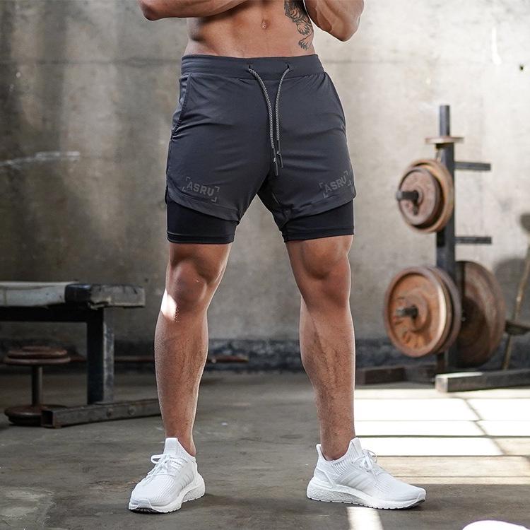 Shorts de Corrida ao Ar Livre Masculino Plus Size com Camada Dupla e Múltiplos Bolsos