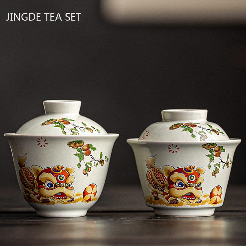 Ceramic Handmade Gaiwan Creative Color Painting Lion Tea Tureen Portable Office Tea Bowl with Cover Teacup Chinese Tea Set