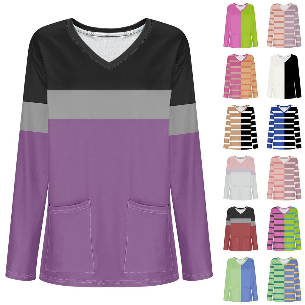 Women's Fashion V-Neck Long Sleeve Workwear With Pocket Striped Printed T-Shirt Top