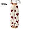 Soft Drawstring Sleeping Trousers Women Fuzzy Pants, Heart Print Wide Leg Pajama Bottoms with Elastic Cozy Winter Home Pants Waist Drawstring,