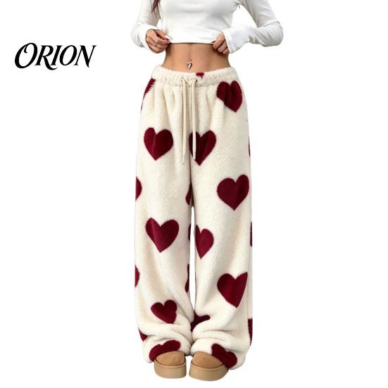 Soft Drawstring Sleeping Trousers Women Fuzzy Pants, Heart Print Wide Leg Pajama Bottoms with Elastic Cozy Winter Home Pants Waist Drawstring,