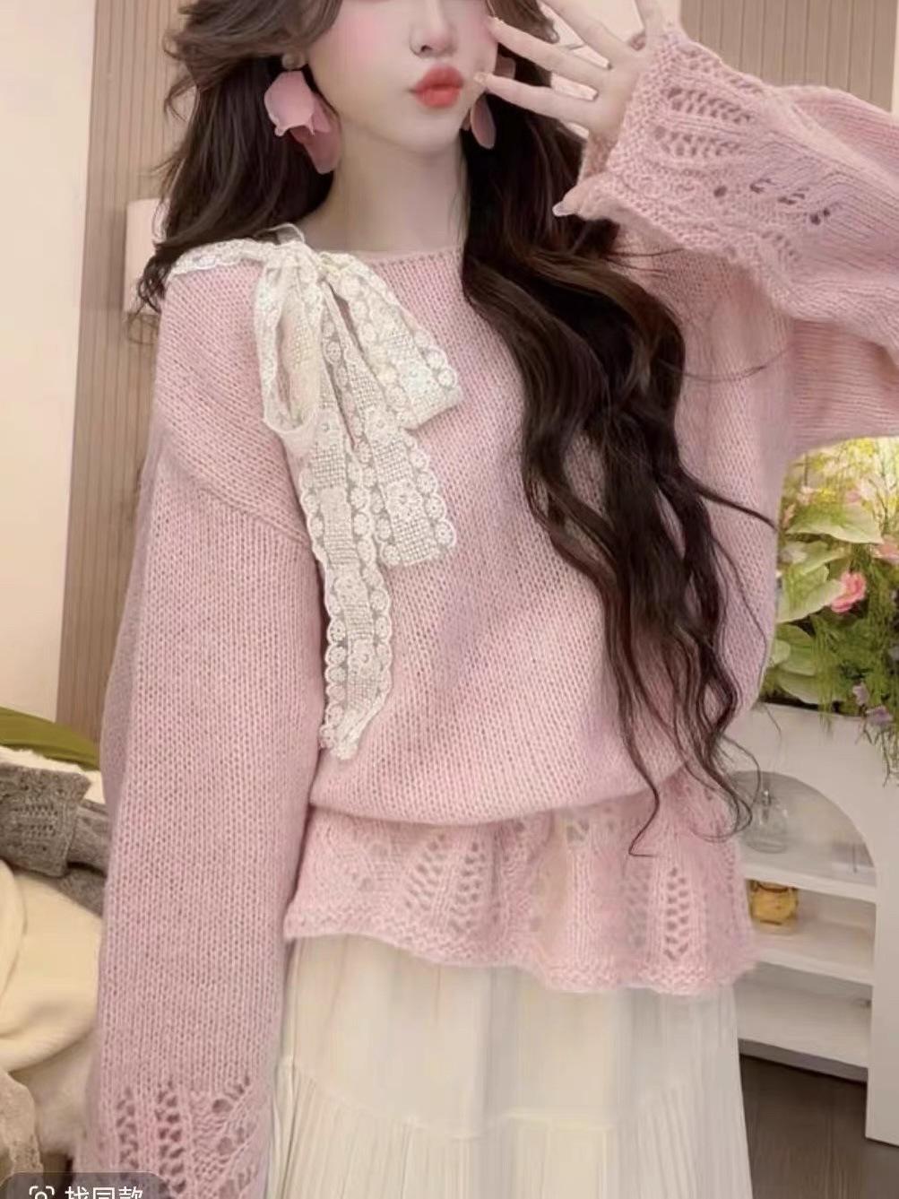 

Вязаный свитер со шнуровкой и бантом в ленивом стиле - Женский свободный крой для осени и зимы One Size: 80-125 розовый